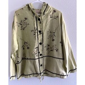 Vintage Jacket Womens Large Green Linen Hooded Lagenlook Artsy Boho 90s